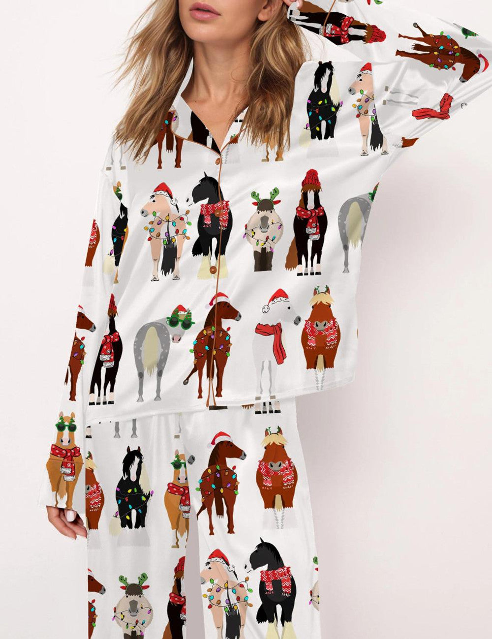 Long Sleeve Funny Horse Christmas Satin Pajama Set For Women