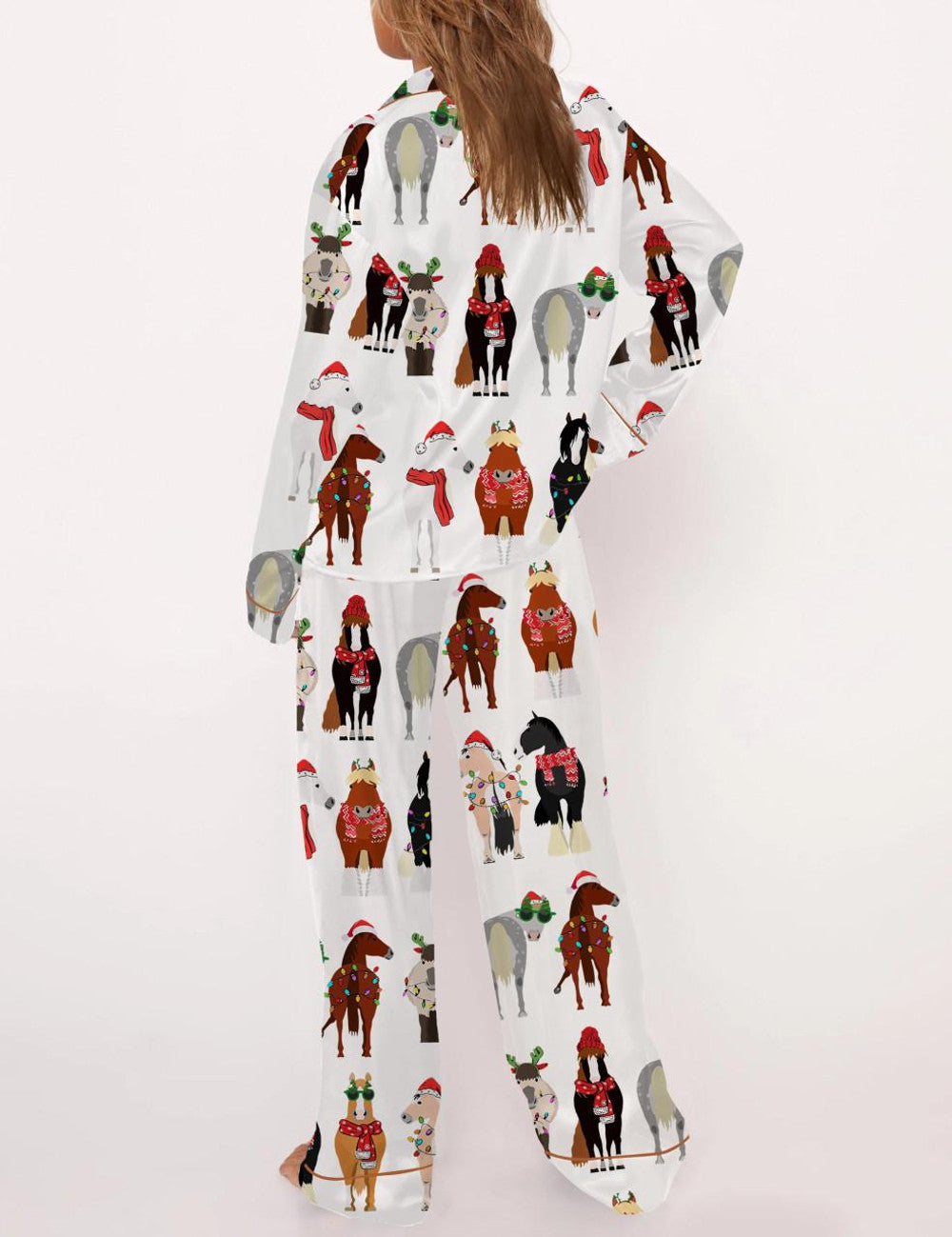 Long Sleeve Funny Horse Christmas Satin Pajama Set For Women