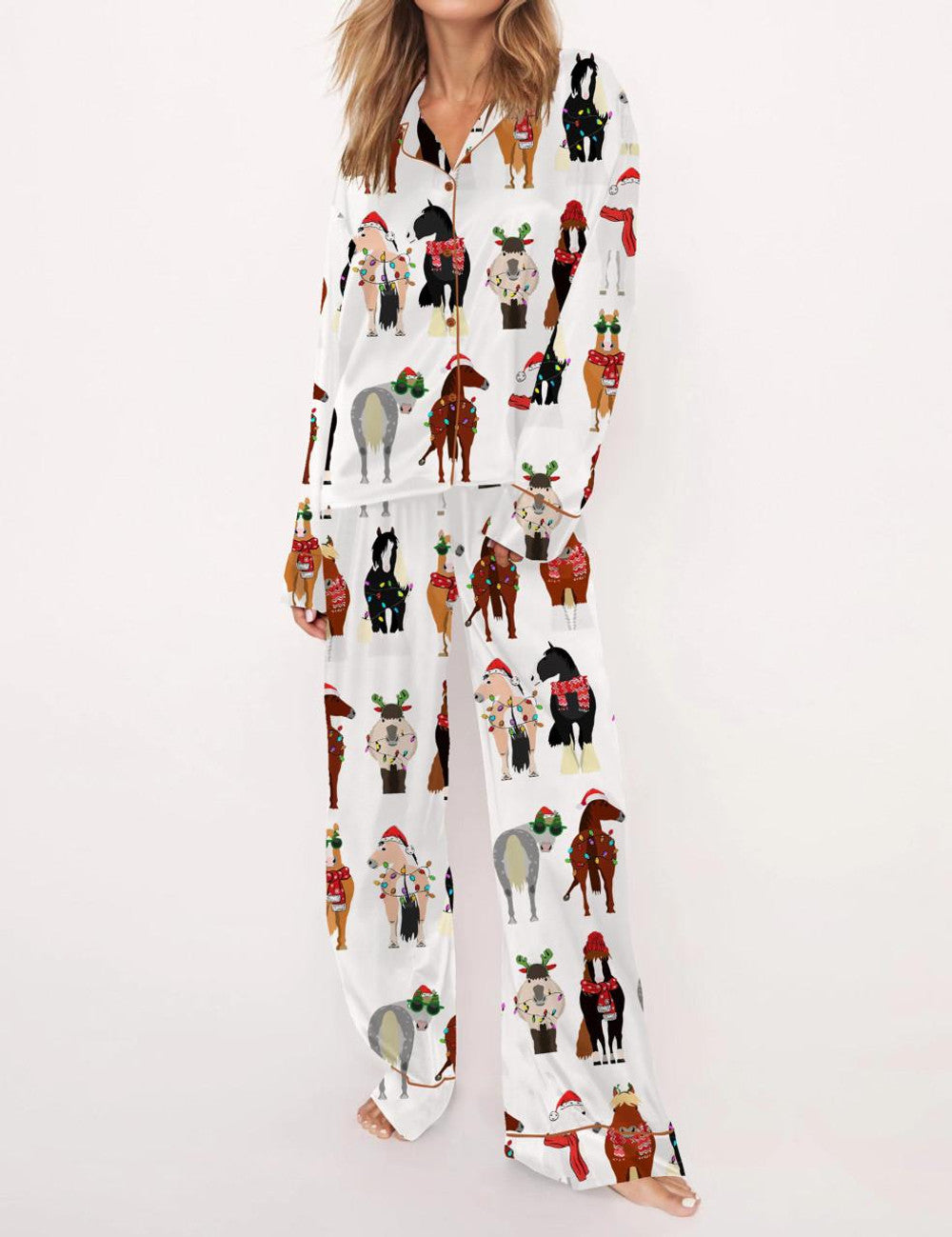 Long Sleeve Funny Horse Christmas Satin Pajama Set For Women