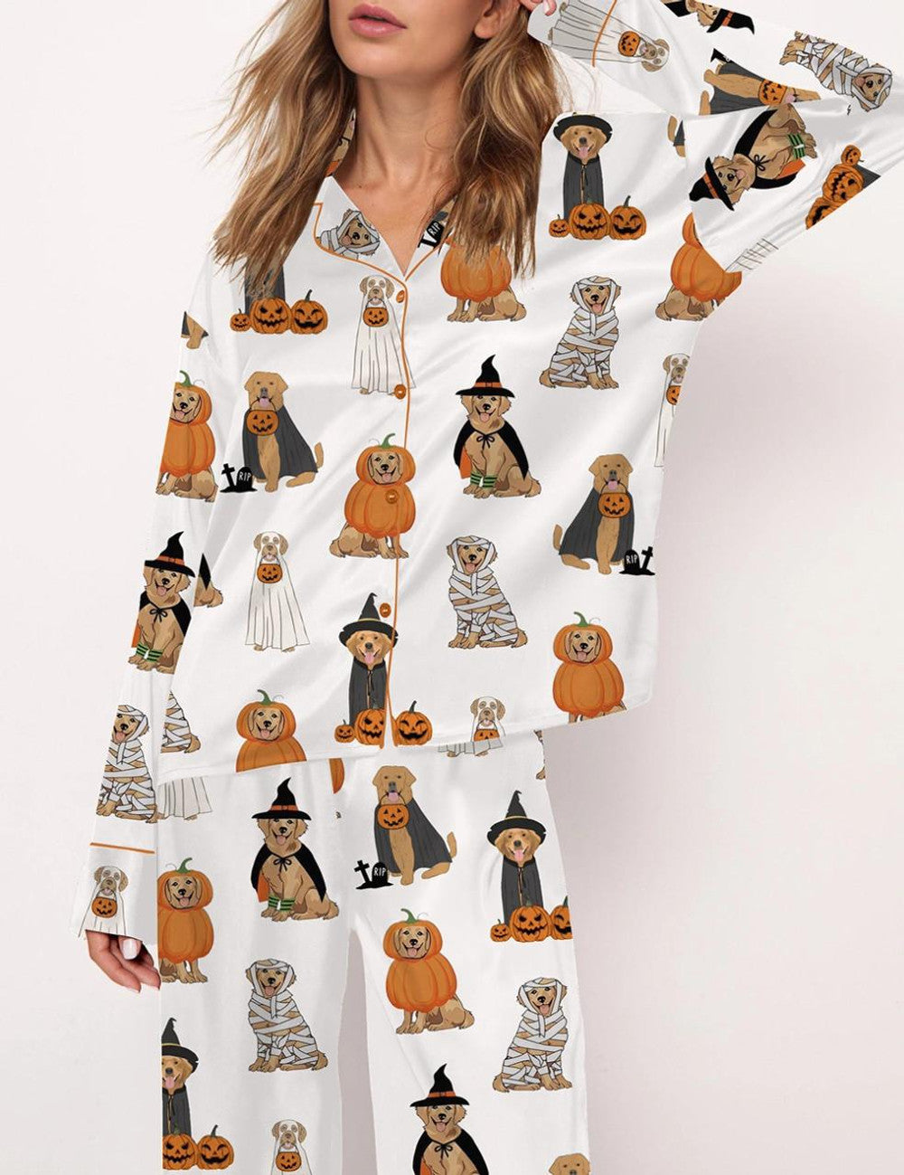 Long Sleeve Golden Retriever Halloween Ghost Dogs Silky Satin Pajama Set For Women