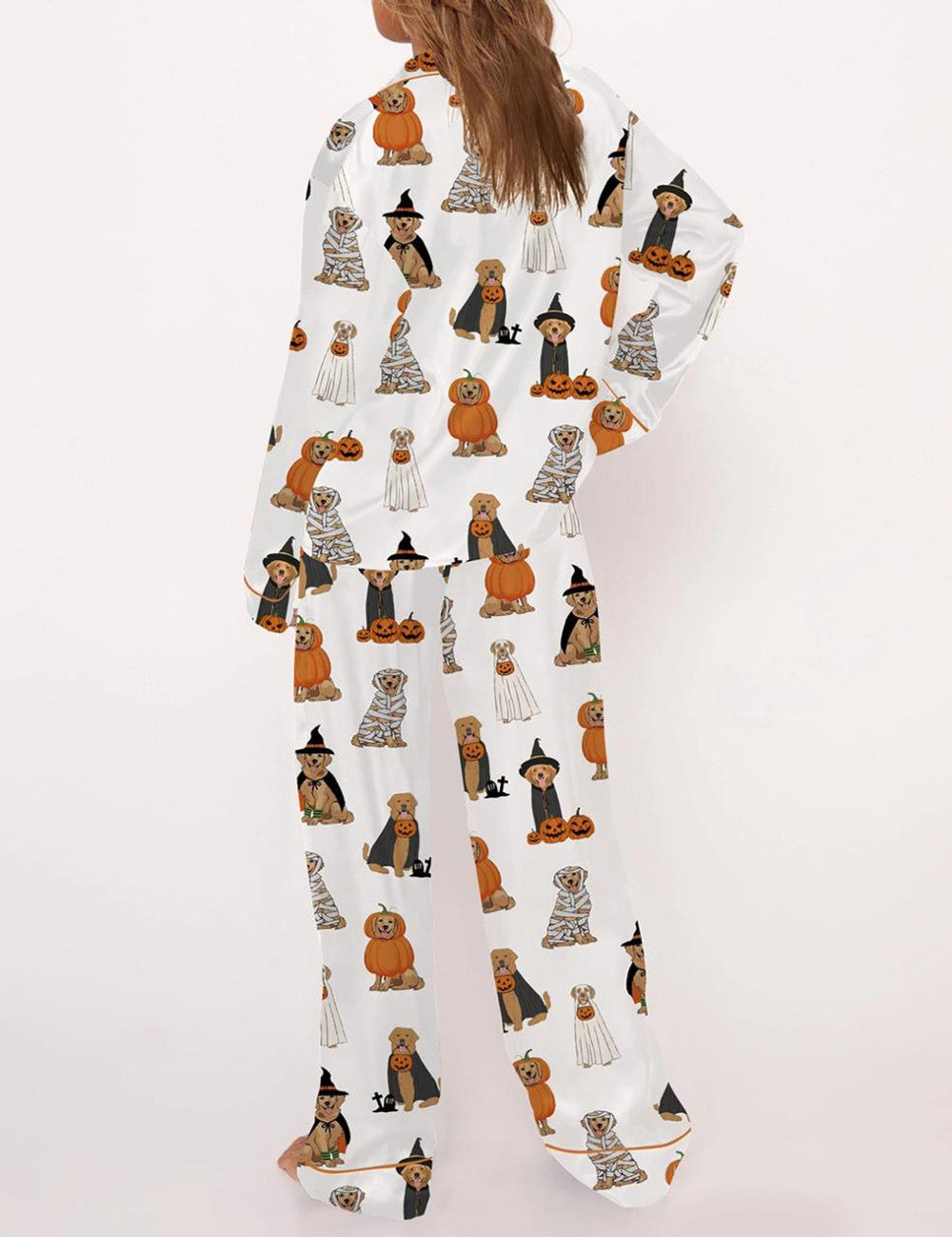 Long Sleeve Golden Retriever Halloween Ghost Dogs Silky Satin Pajama Set For Women