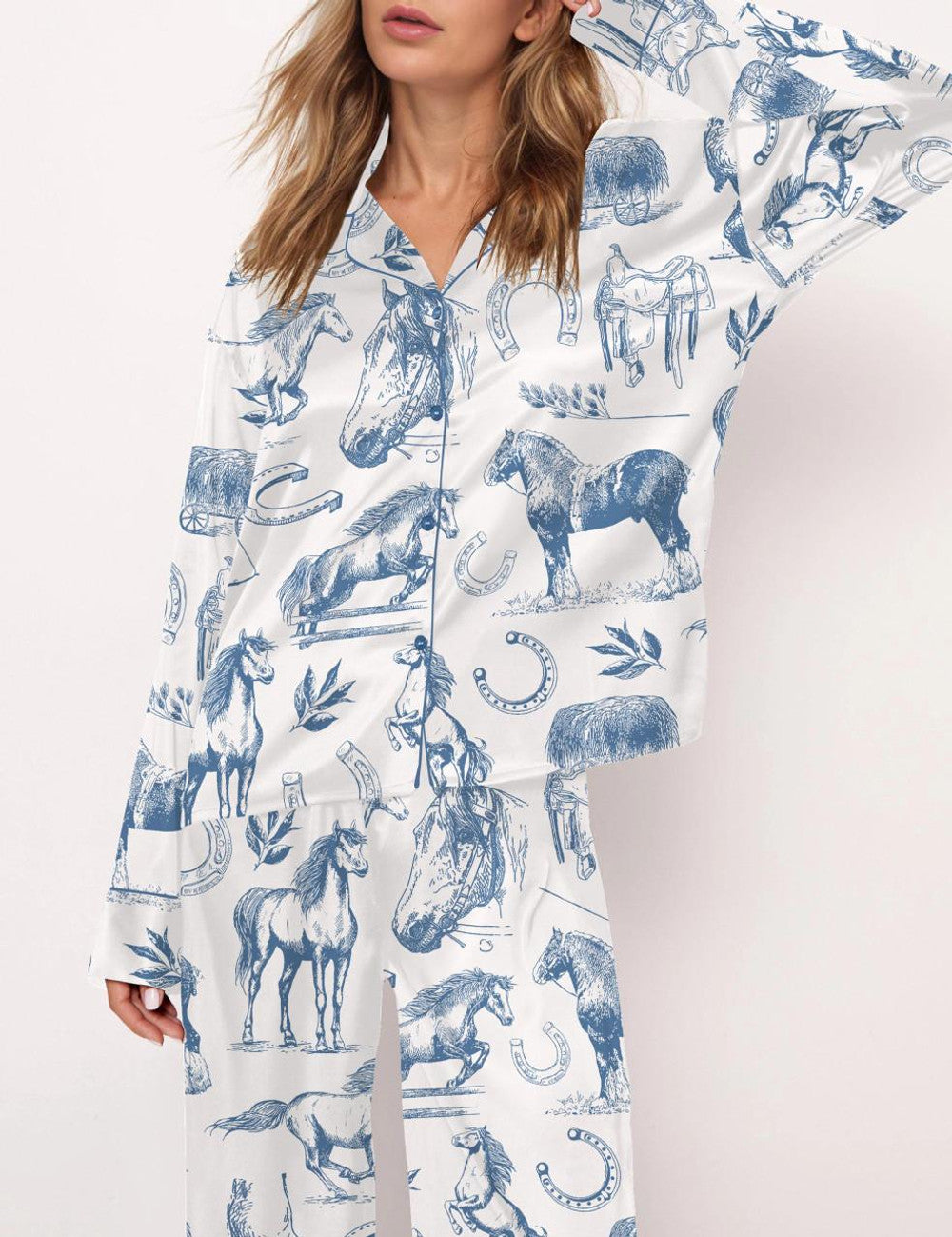 Long Sleeve Horse Lover Satin Pajama Set For Women
