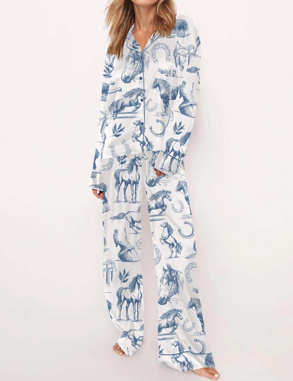 Long Sleeve Horse Lover Satin Pajama Set For Women