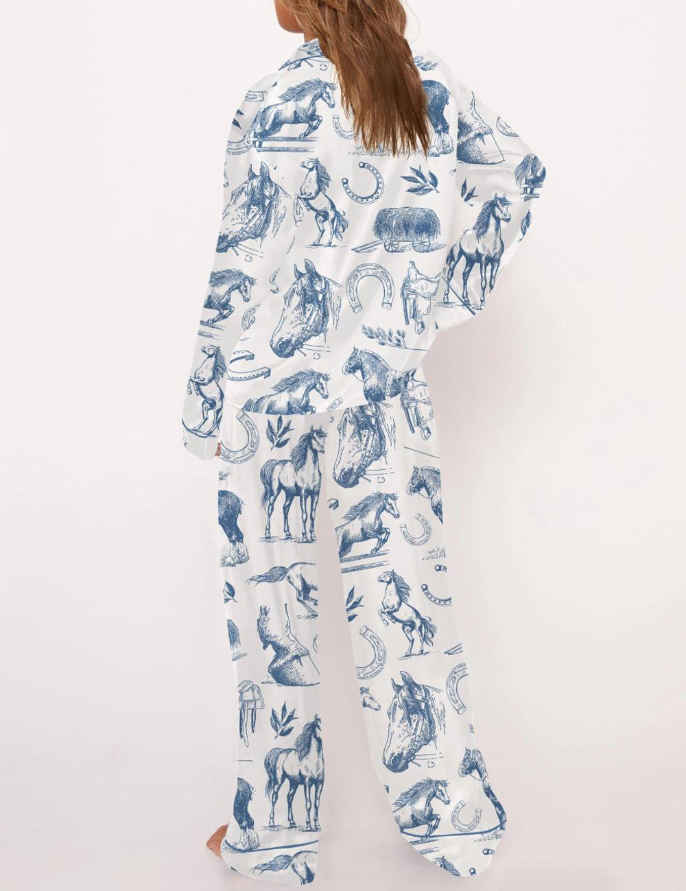 Long Sleeve Horse Lover Satin Pajama Set For Women