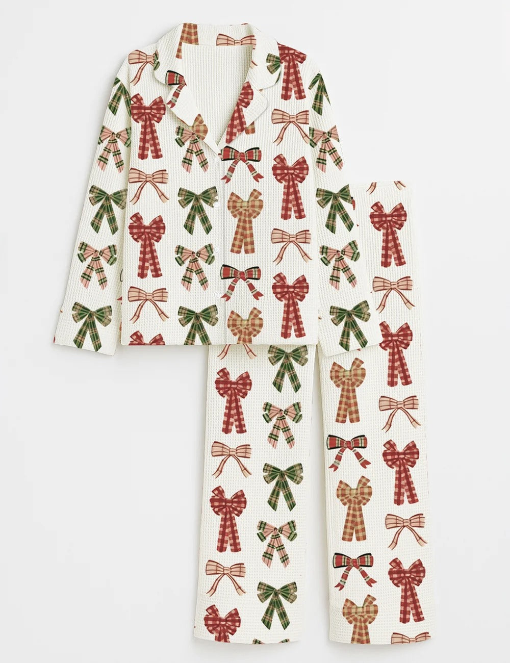 Long Sleeve Plaid Christmas Bows Cotton Waffle Pajama Set