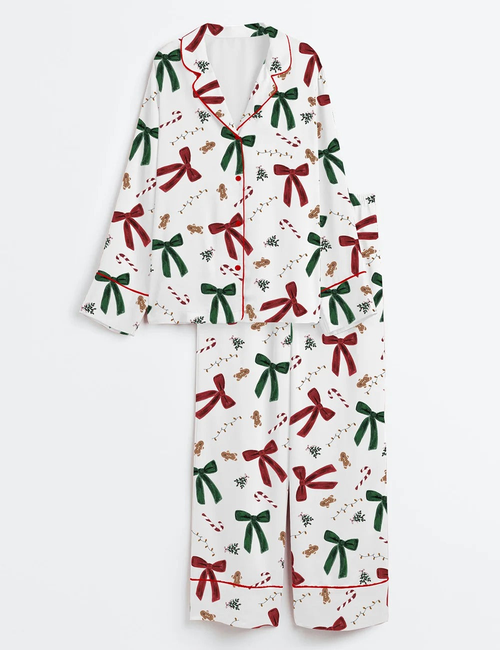 Long Sleeve Christmas Gingerbread Bow Satin Pajama Set