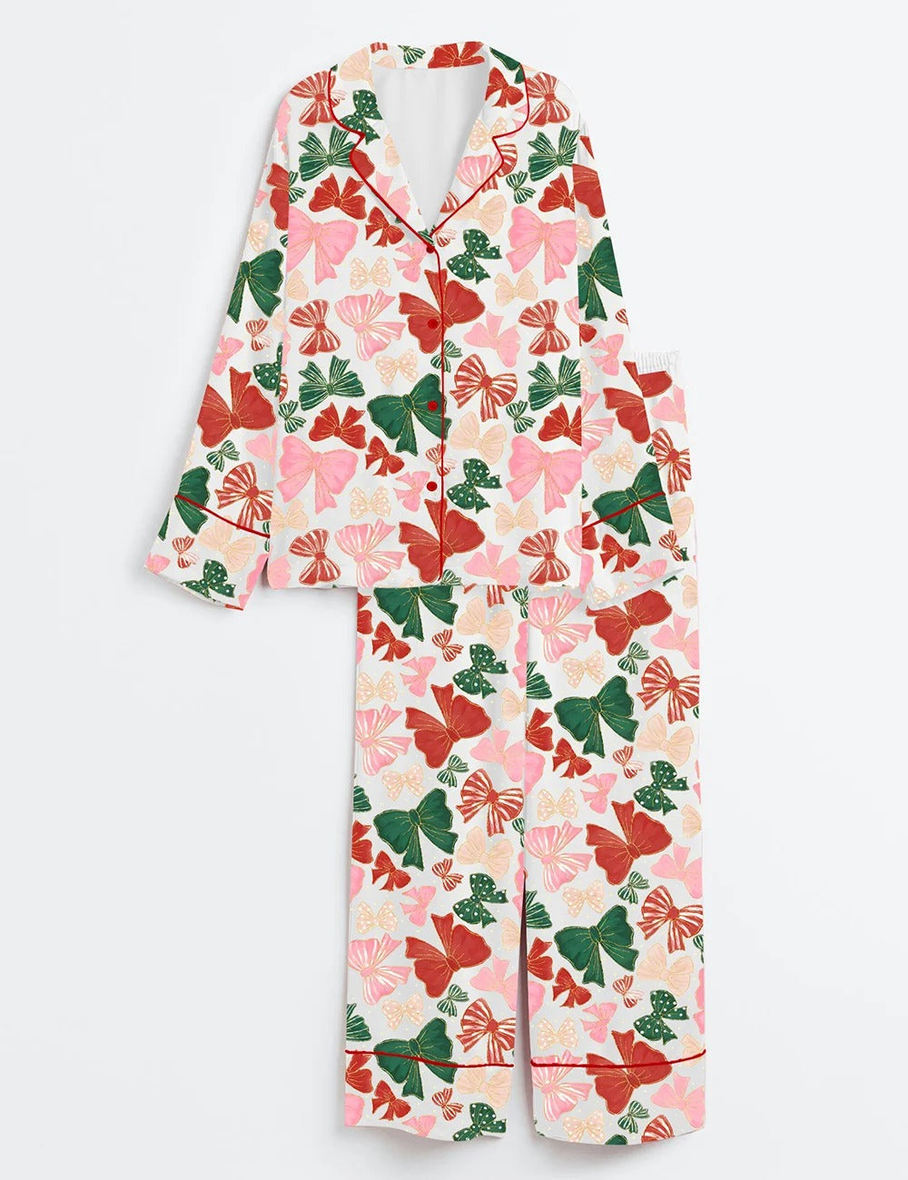 Long Sleeve Preppy Christmas Coquette Bows Satin Pajama Set