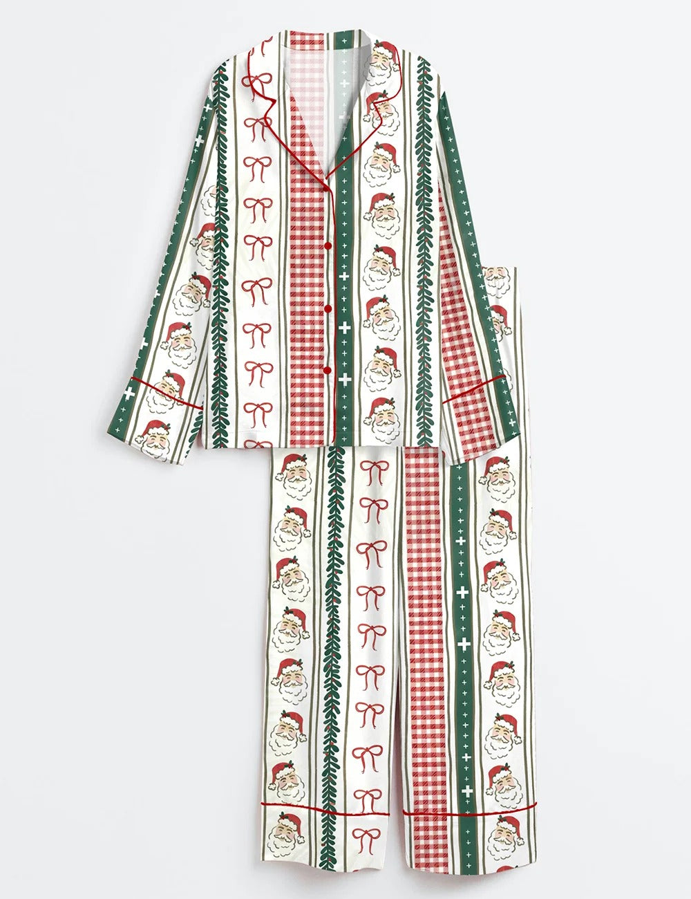 Long Sleeve Striped Check Christmas Santa Satin Pajama Set