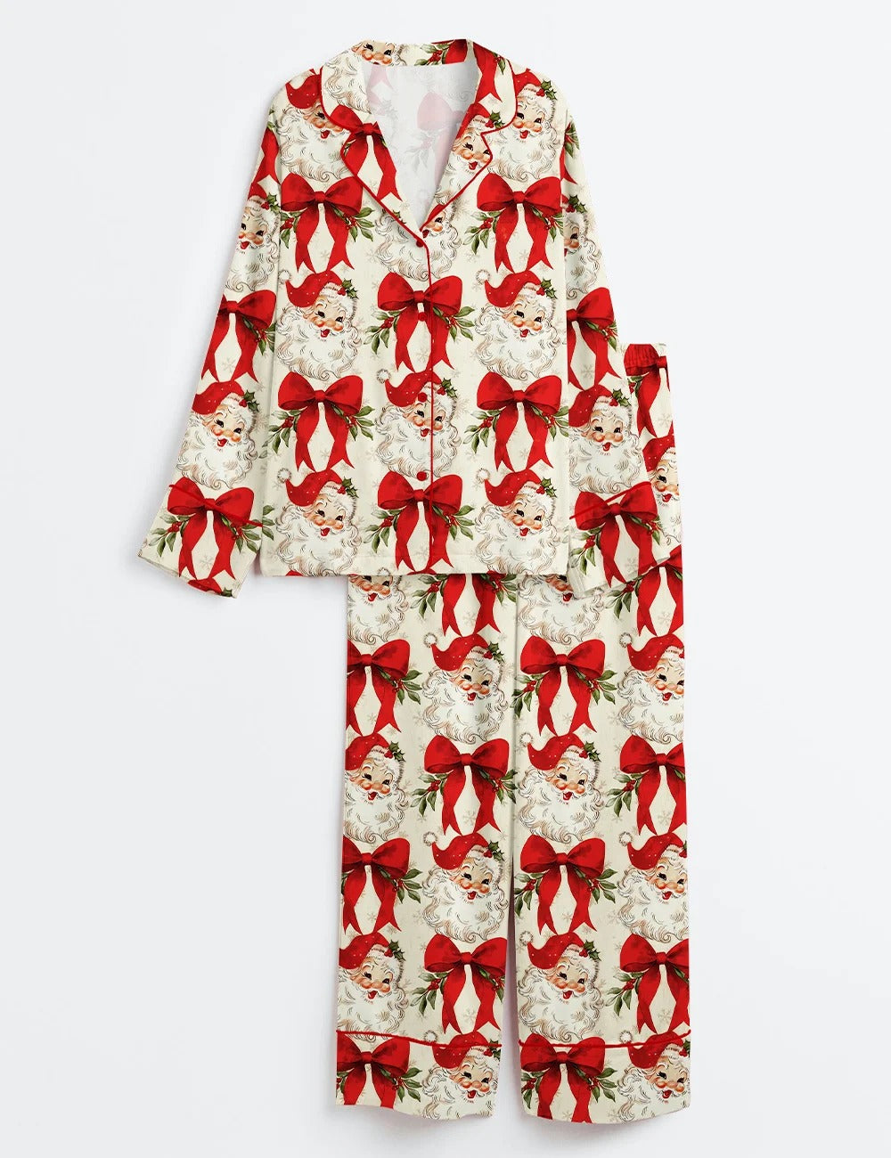 Long Sleeve Ecru Christmas Santa Bows Satin Pajama Set