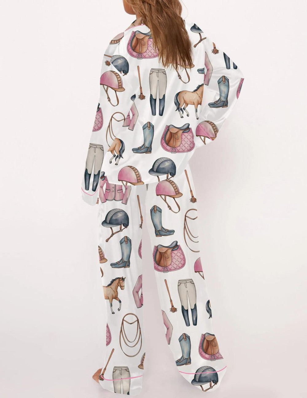 Long Sleeve Pink Horseback Riding Satin Pajama Set For Women