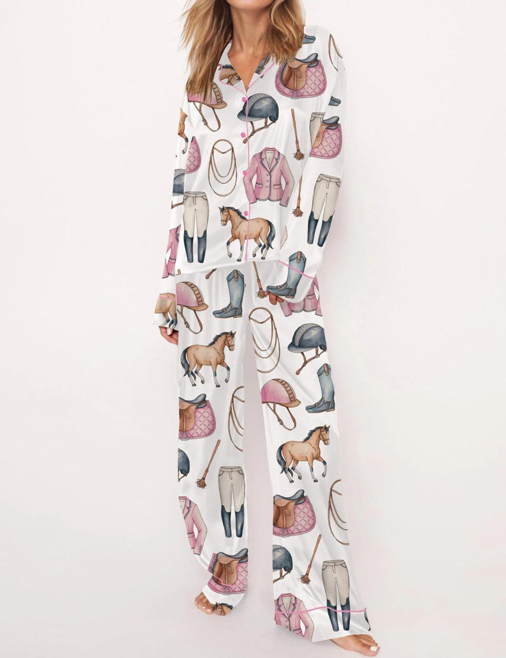 Long Sleeve Pink Horseback Riding Satin Pajama Set For Women