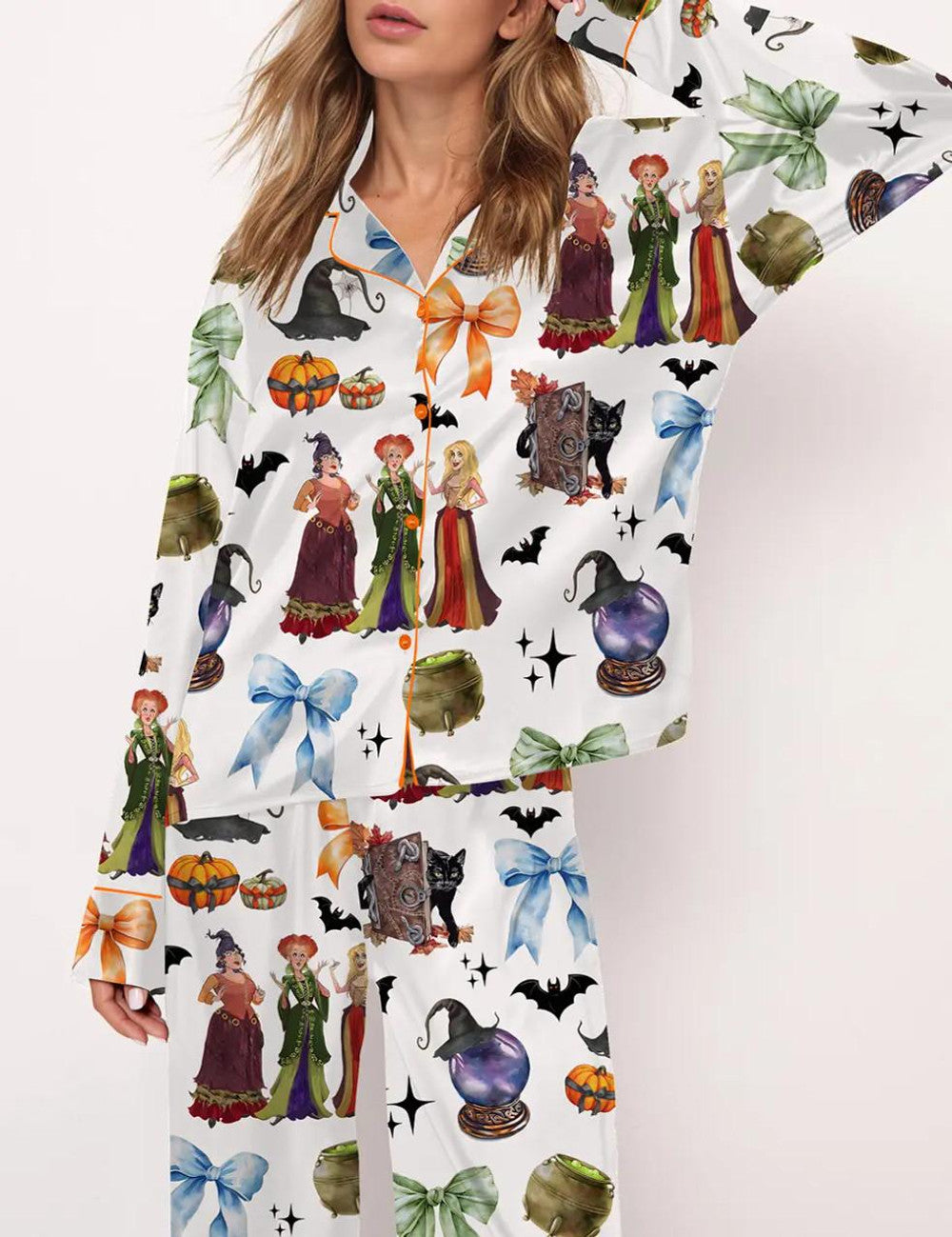 Long Sleeve Retro Halloween Bad Witches Satin Pajama Set