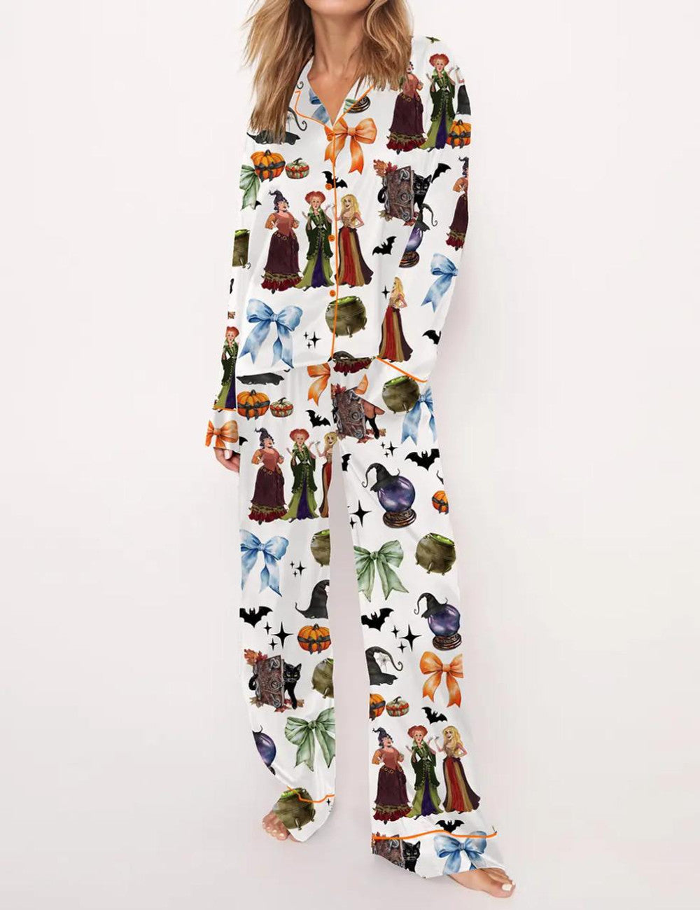 Long Sleeve Retro Halloween Bad Witches Satin Pajama Set