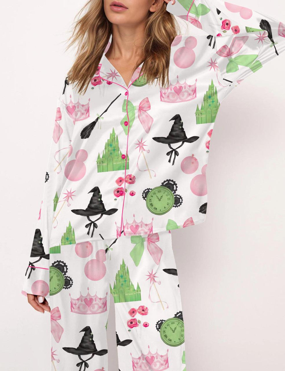 Long Sleeve Wicked Pink And Green Satin Pajama Set For Women