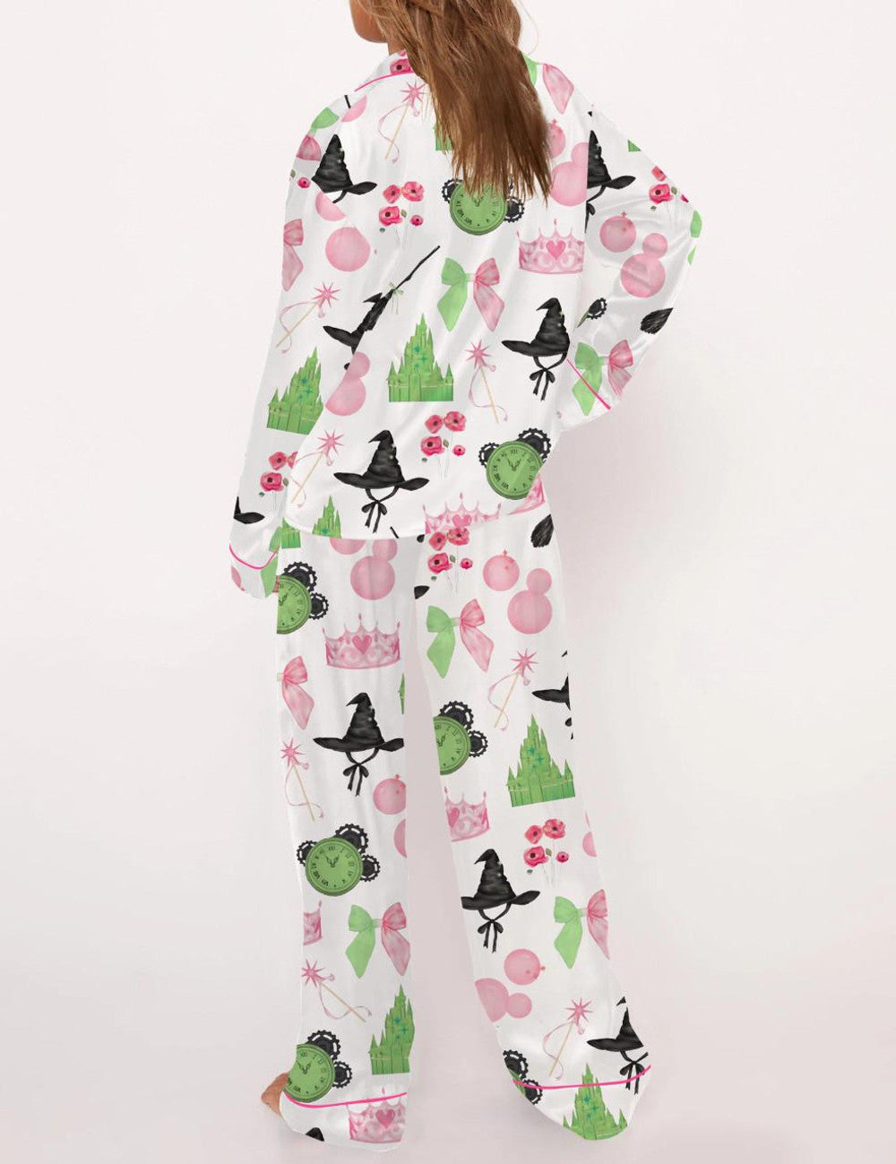 Long Sleeve Wicked Pink And Green Satin Pajama Set For Women