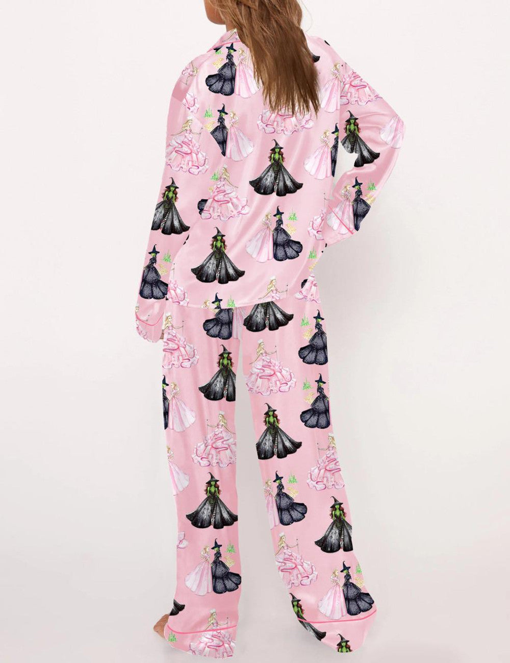 Long Sleeve Wicked Print Satin Pajama Set For Women