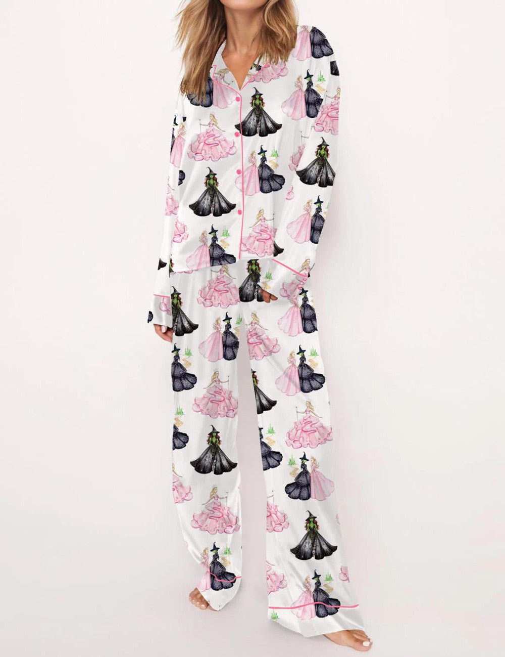 Long Sleeve Wicked Print Satin Pajama Set For Women