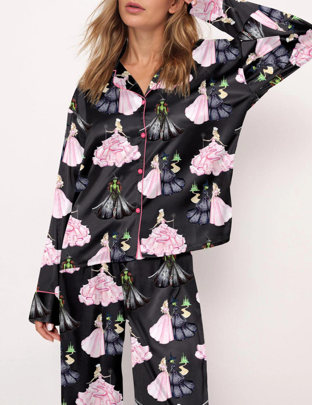 Long Sleeve Wicked Print Satin Pajama Set For Women