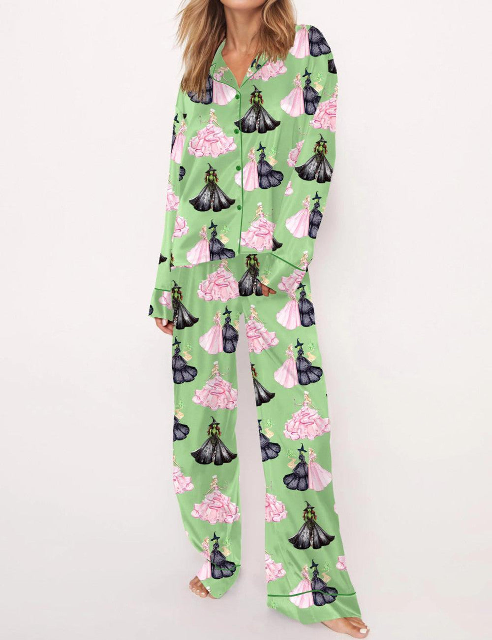 Long Sleeve Wicked Print Satin Pajama Set For Women