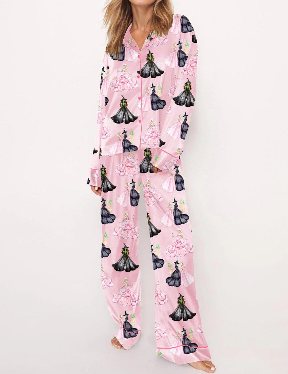 Long Sleeve Wicked Print Satin Pajama Set For Women