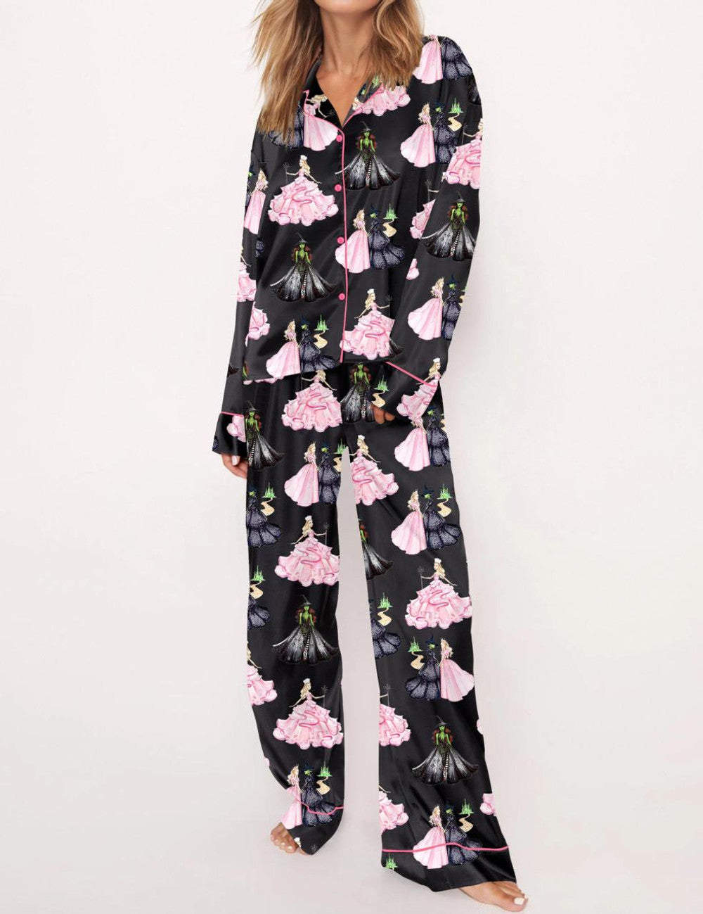 Long Sleeve Wicked Print Satin Pajama Set For Women